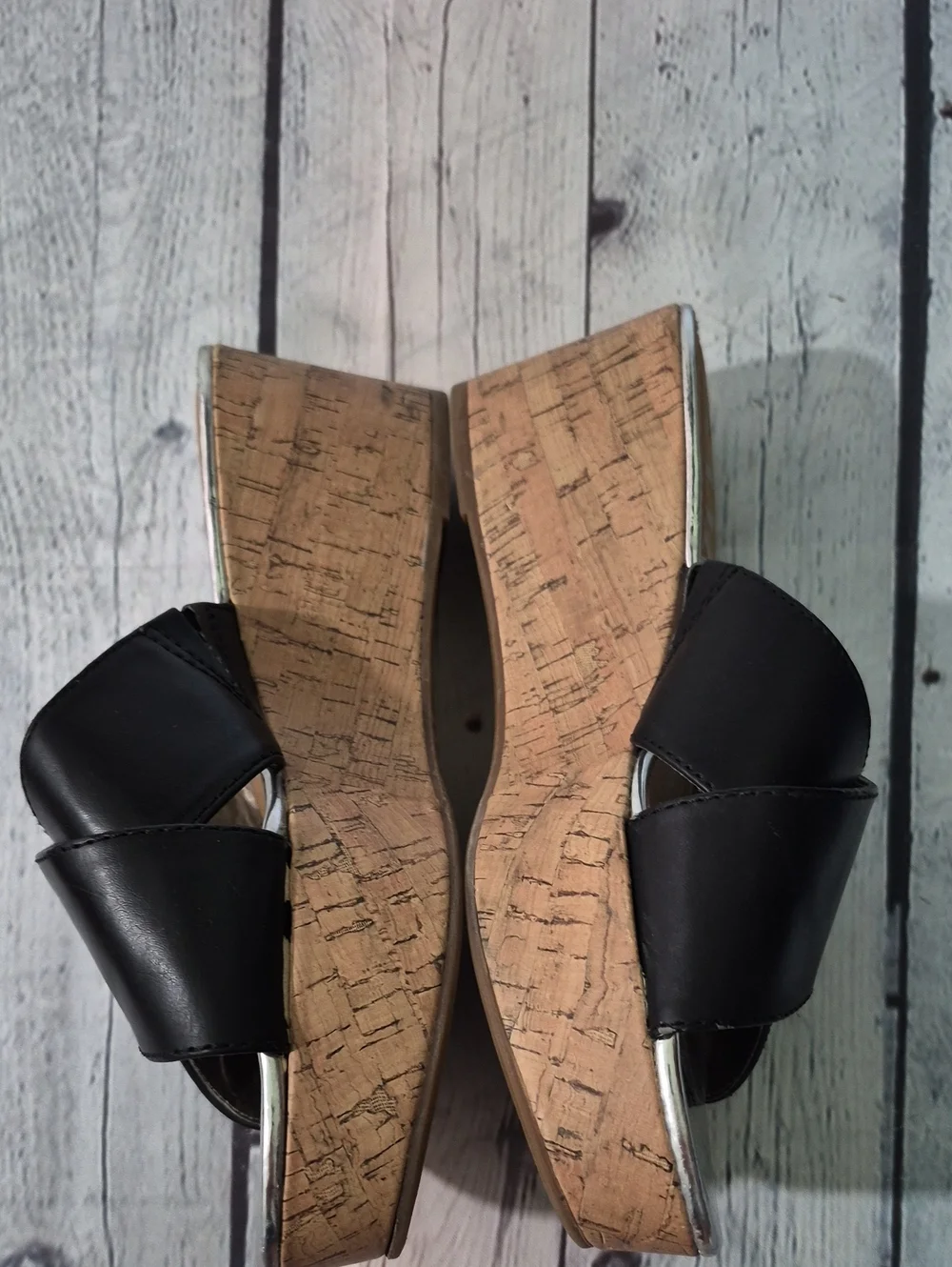 Like New Sam & Libby Black Cork Wedge Slide Sandals with Silver Toe Size 7.5